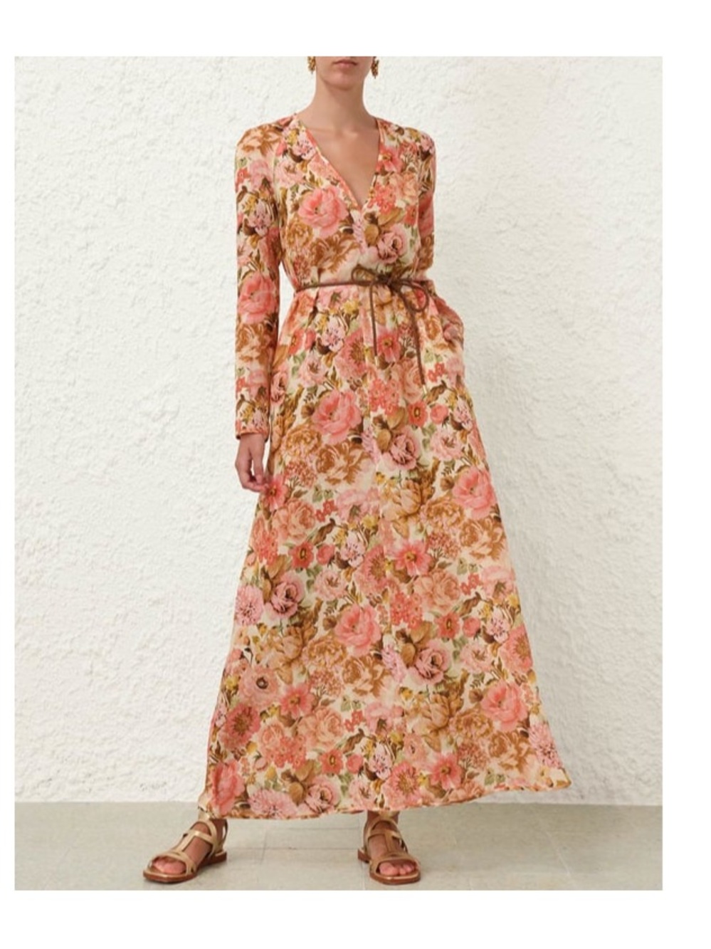 Zimmermann Pink and Tan Floral V-Neck Long-Sleeve Maxi Dress